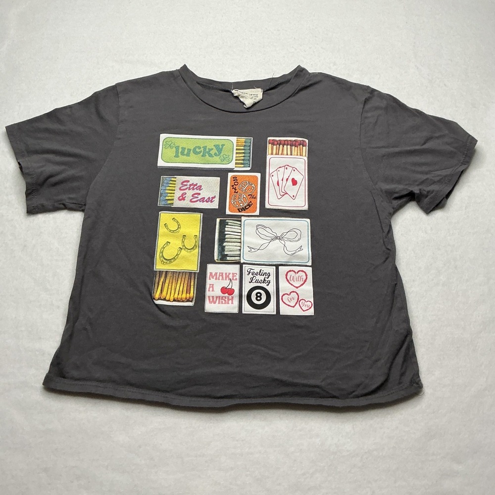 French Pastry Womens Graphic T-Shirt Gray Lucky Matchbox Print XS